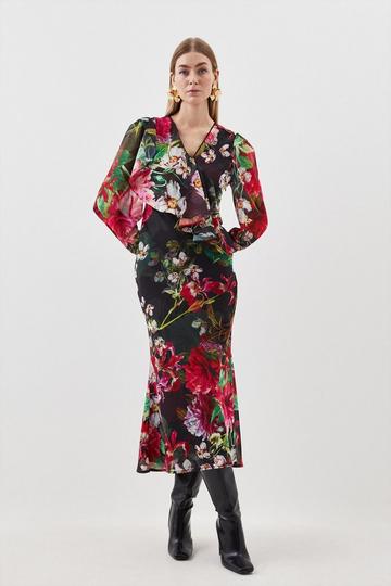 Garden Floral Printed Georgette Belted Woven Maxi Dress floral
