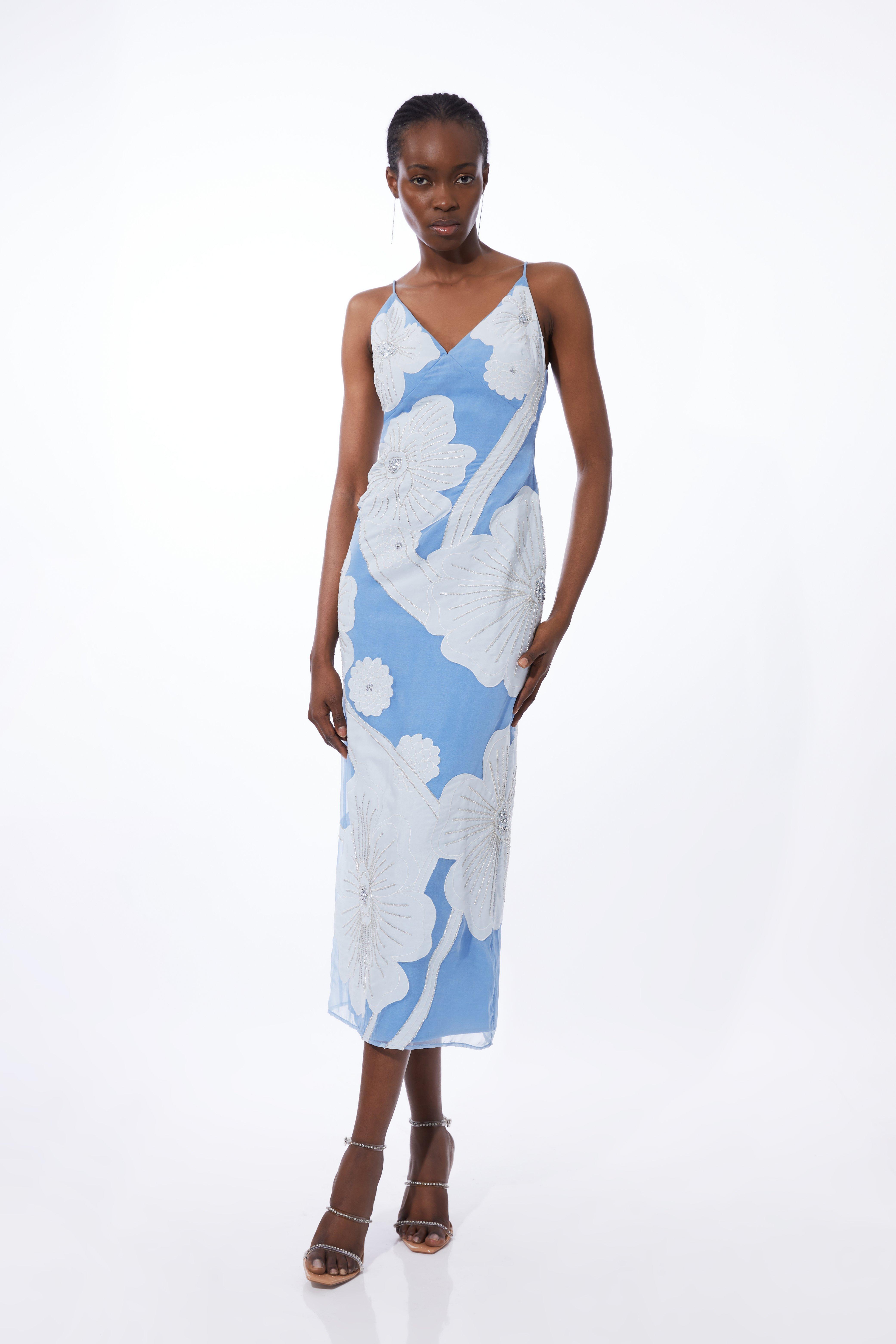 Applique Organdie Satin Woven Midi Dress - Dusty Blue