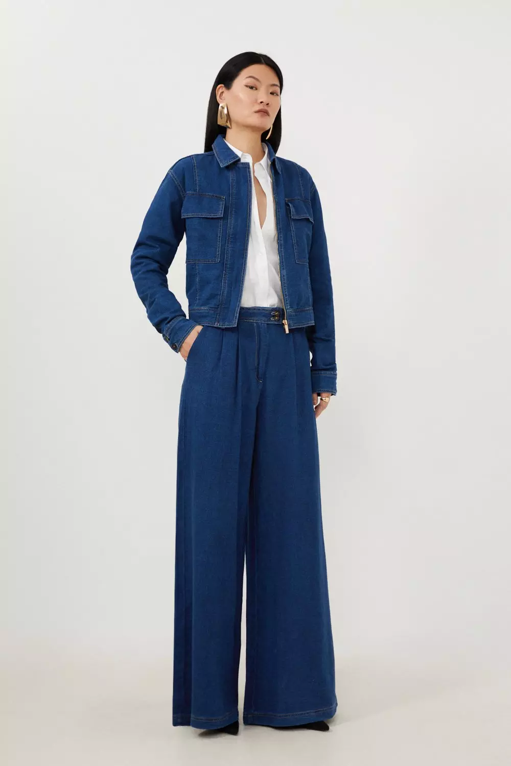 Tencel Denim Woven Wide Leg Trousers | Karen Millen