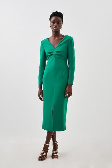 Green Tailored Ruching Detail Long Sleeve Midi Dress