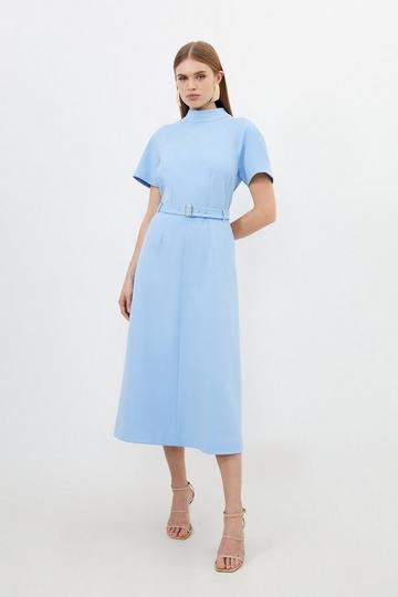Tailored Grown On Neck Belted Full Skirt Midi Dress blue