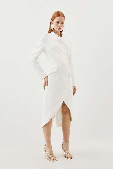 Compact Stretch Tailored Pocket Detail Tuxedo Blazer Dress ivory