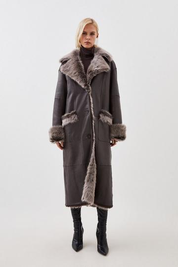Grey Sheepskin Shearling And Leather Collared Maxi Coat