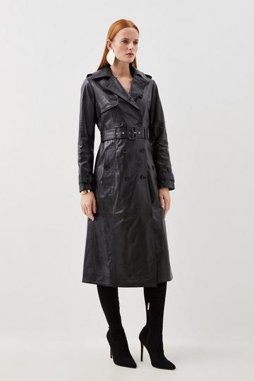 Black Leather Trench Belted Mac Midi Coat