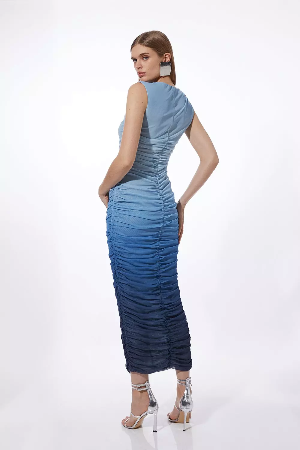 Ombre Printed Mesh Ruched Midi Dress | Karen Millen