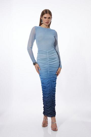 Blue Ombre Printed Mesh Ruched Long Sleeve Midi Dress