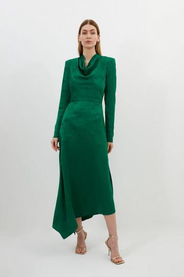 Green Premium Jacquard Cowl Long Sleeve Woven Midi Dress