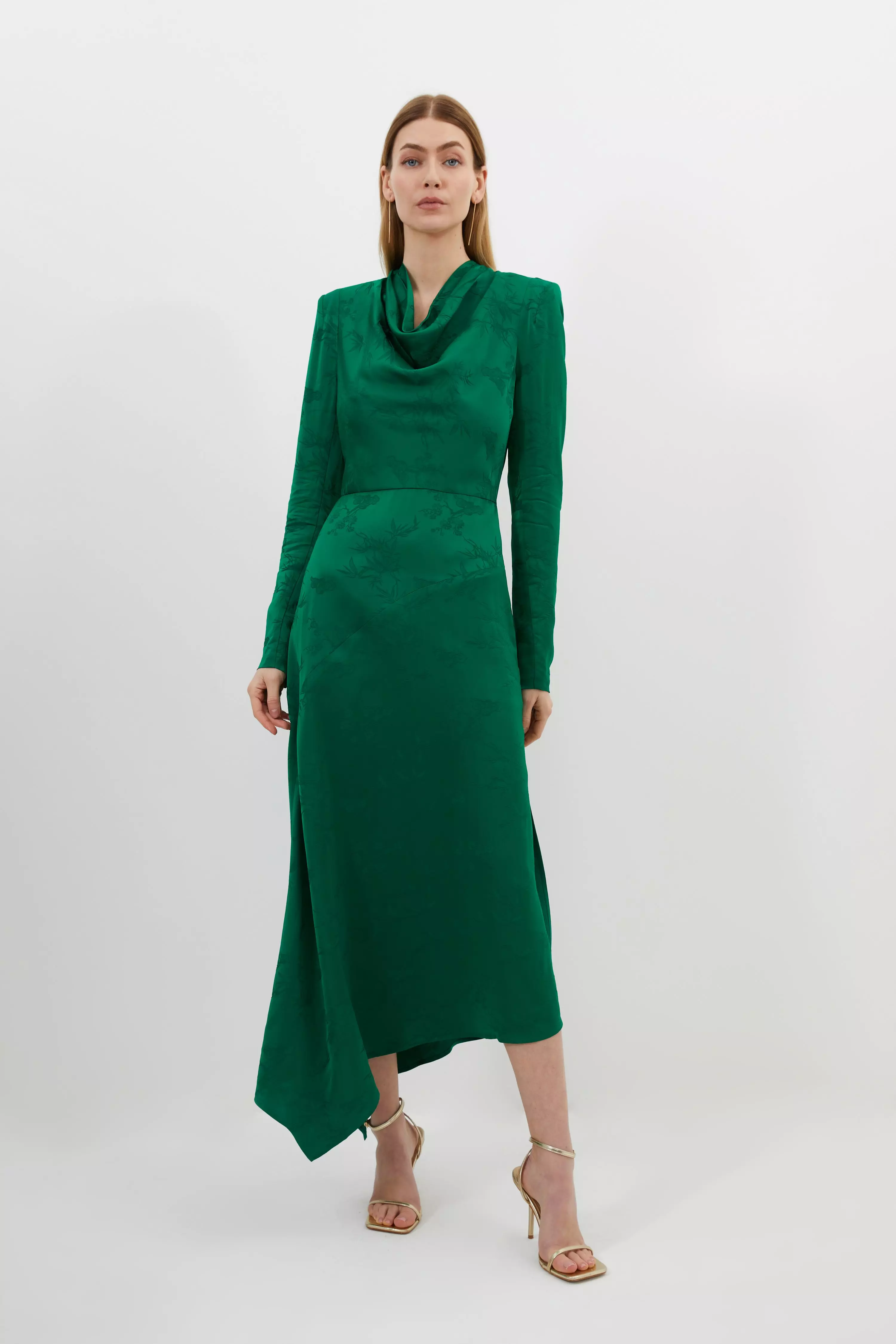 The Green Jacquard Cap Sleeve Satin Midi Dress