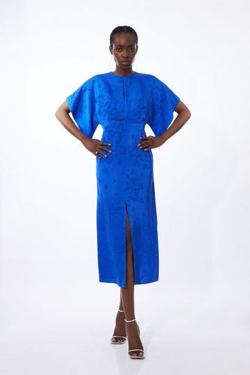Petite Premium Jacquard Woven Midaxi Sleeve Dress blue