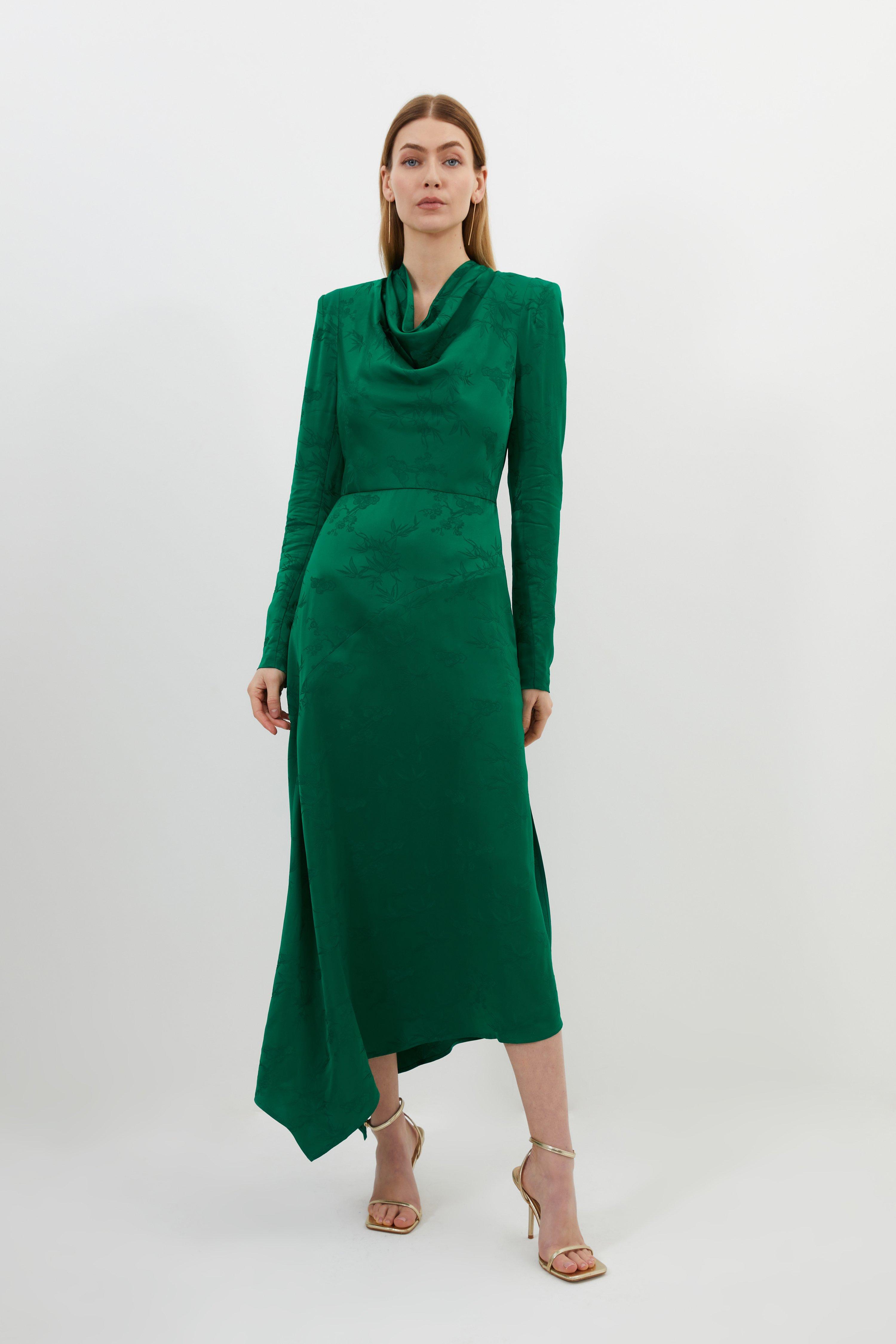 Petite Premium Jacquard Cowl Long Sleeve Woven Midi Dress | Karen