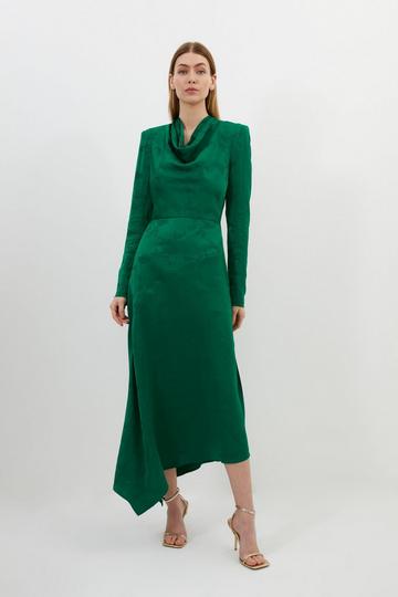 Green Tall Premium Jacquard Cowl Long Sleeve Woven Midi Dress