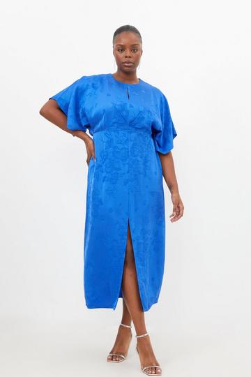 Plus Size Premium Jacquard Woven Midaxi Sleeve Dress blue