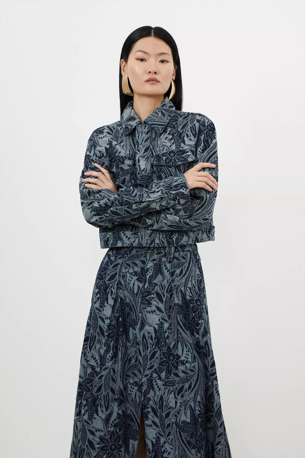 Denim Floral Jacquard Woven Jacket | Karen Millen