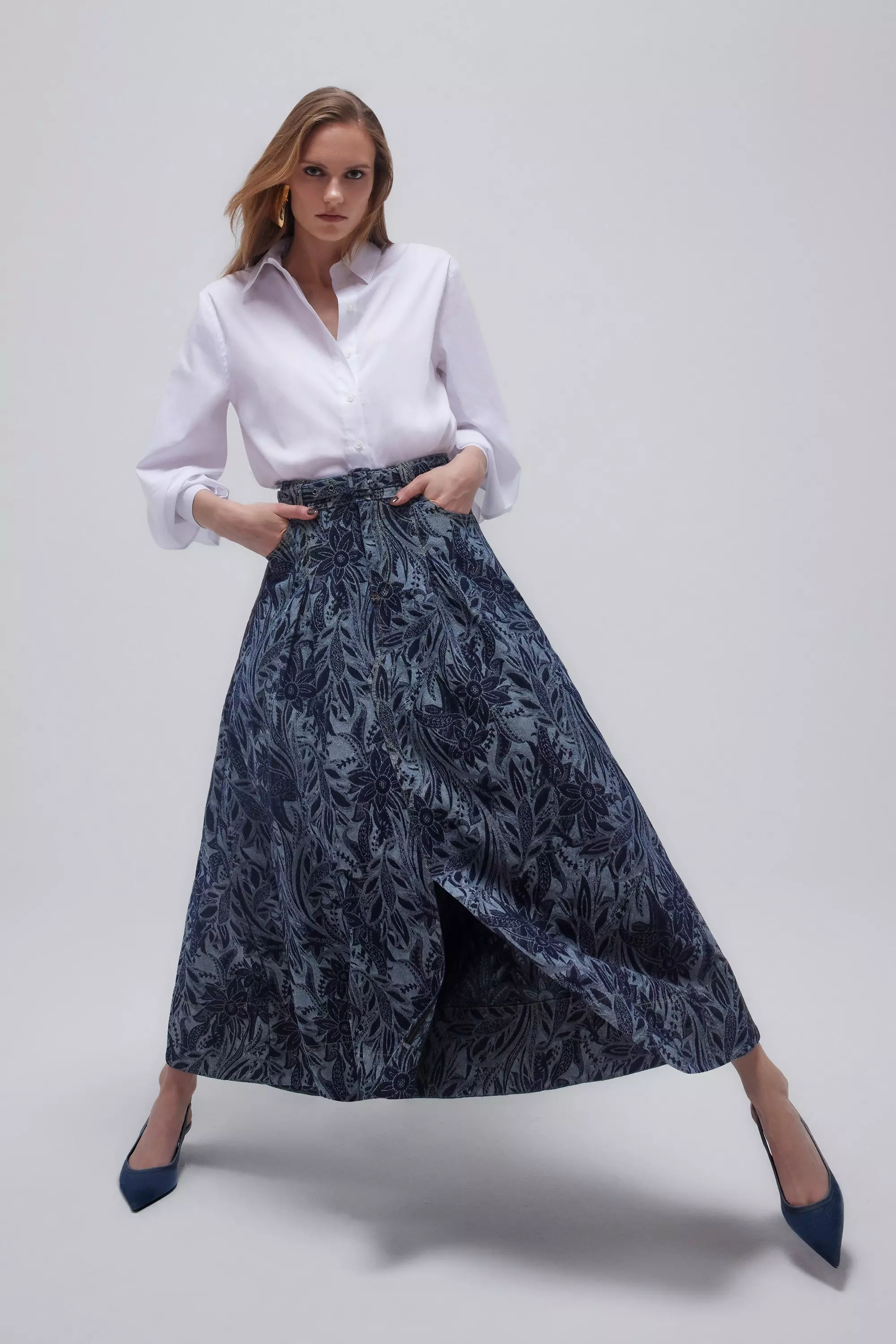 Denim Floral Jacquard Woven Midaxi Skirt