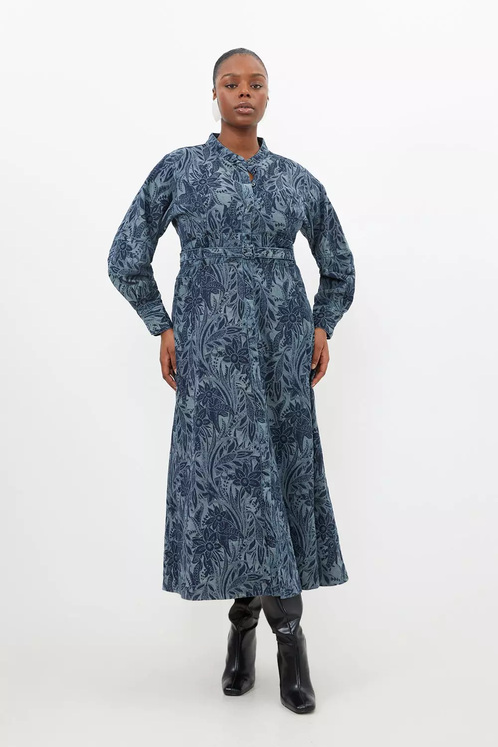 Plus Size Denim Floral Jacquard Woven Midi Dress | Karen Millen