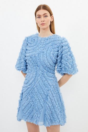 Blue Embellished Ruffle Puff Sleeve Woven Mini Dress