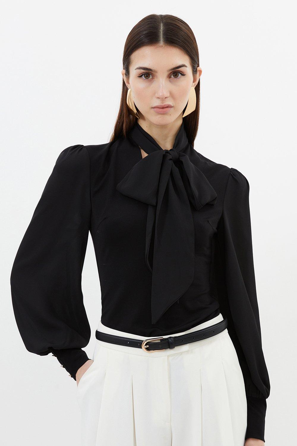 Jersey Ponte And Georgette Mix Tie Neck Long Sleeve Bodysuit - Black