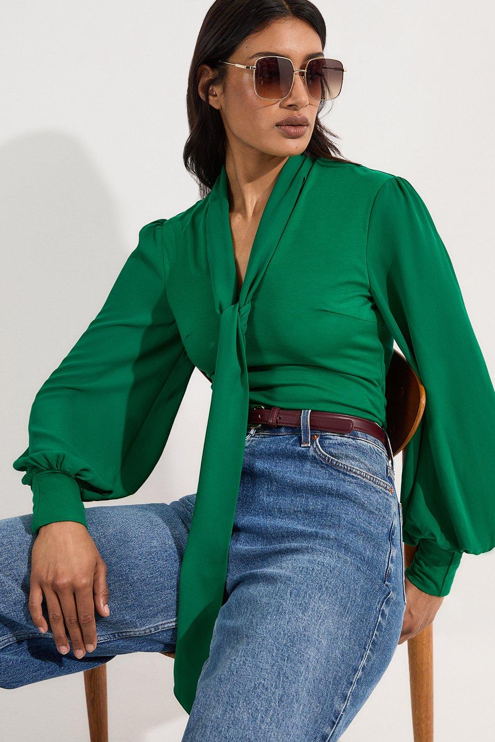 Jersey Ponte And Georgette Mix Tie Neck Long Sleeve Bodysuit - Bright Green