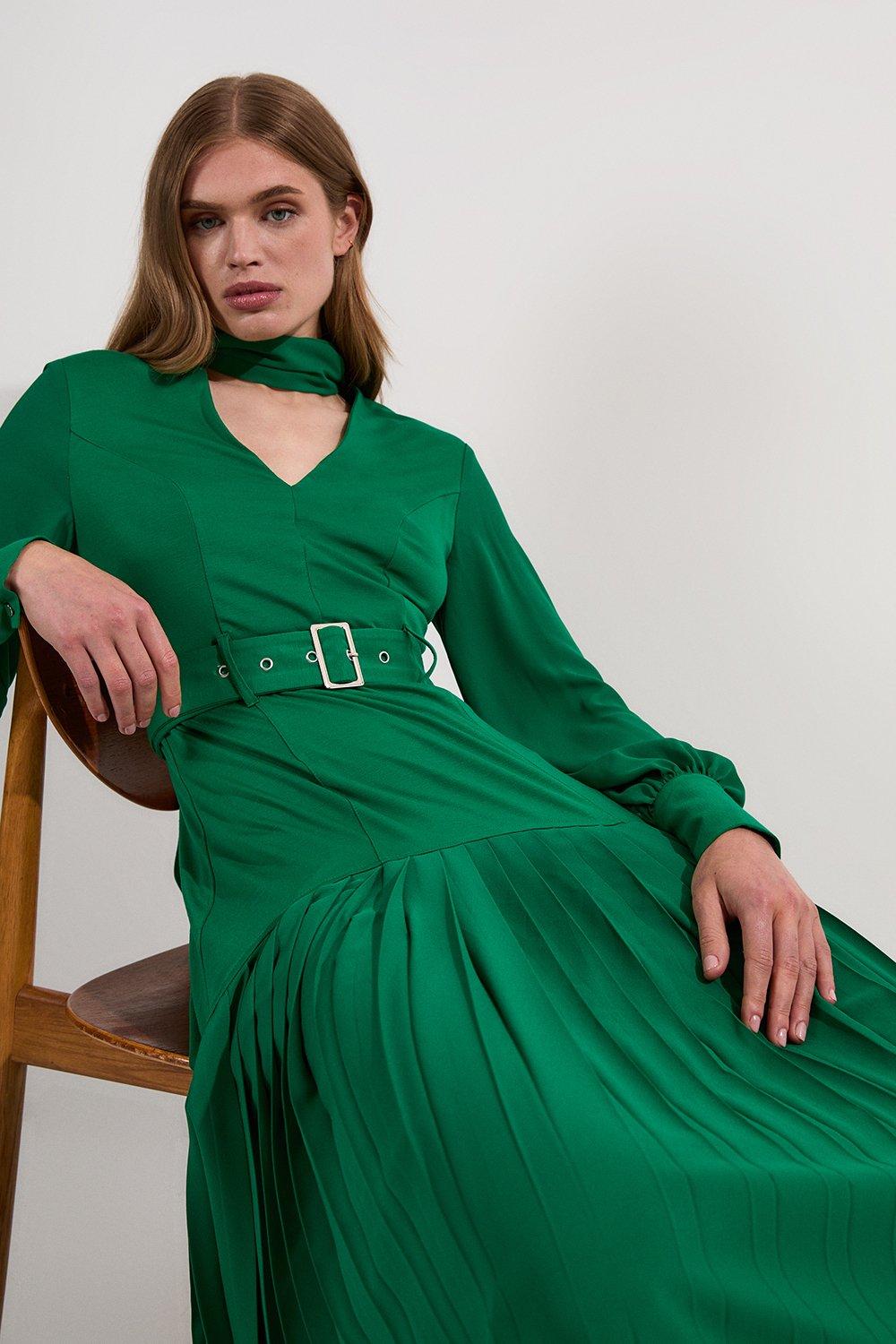 Jersey Ponte Georgette Mix Midi Dress - Bright Green