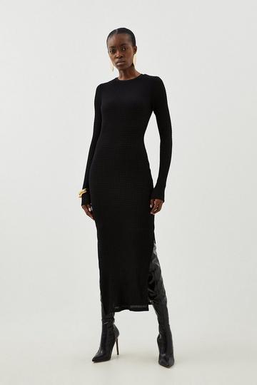Black Textured Jersey Midi Dress