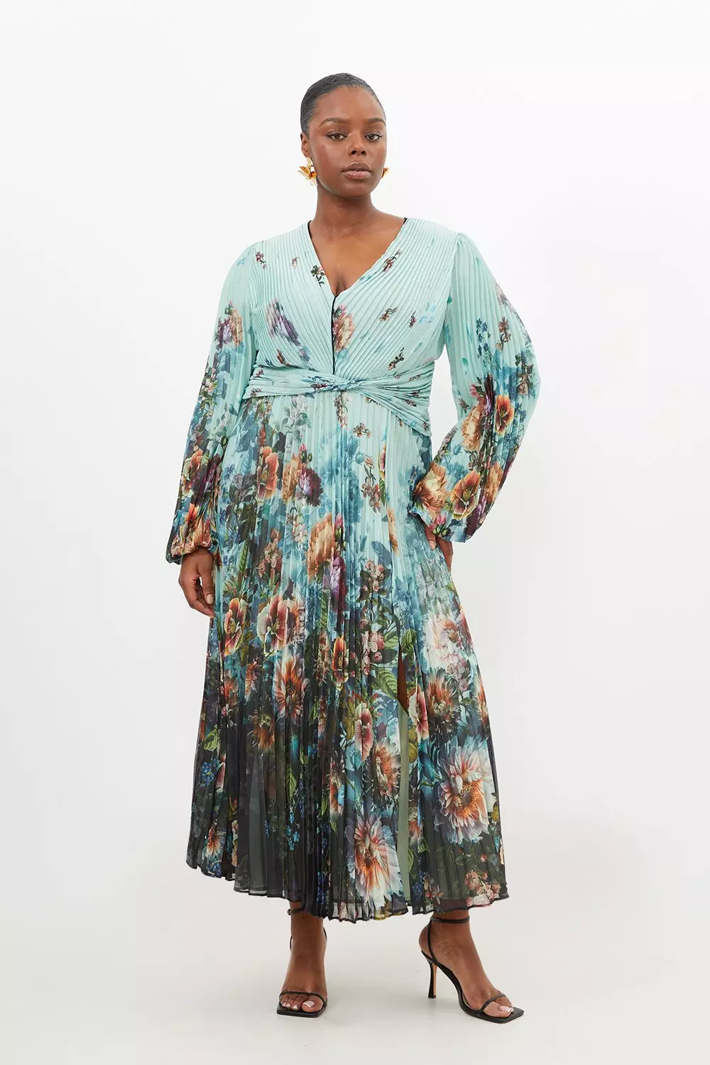 Plus size long 2024 sleeve floral maxi dress