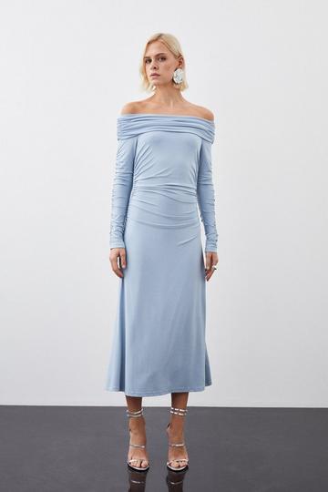 Blue Soft Touch Slinky Jersey Bardot Midi Dress