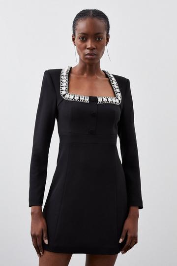 Black Tailored Compact Viscose Stretch Embellished Sleeve Mini Dress