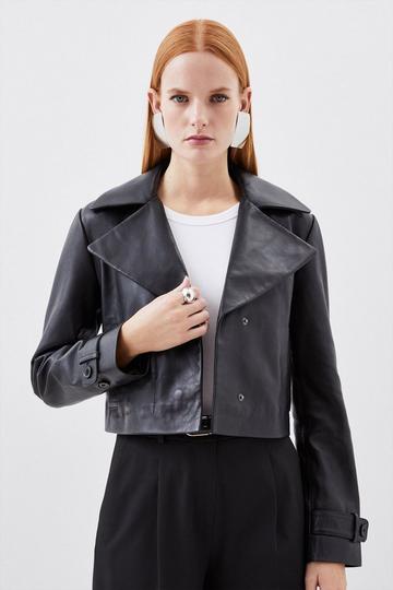 Leather Crop Trench Jacket black
