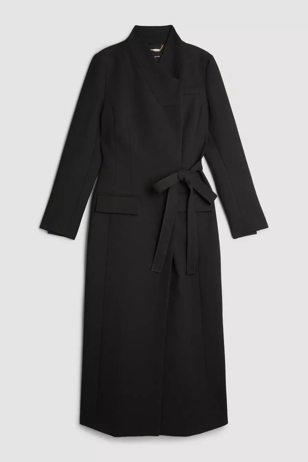 Compact Stretch Asymmetric Side Belted Maxi Coat Karen Millen