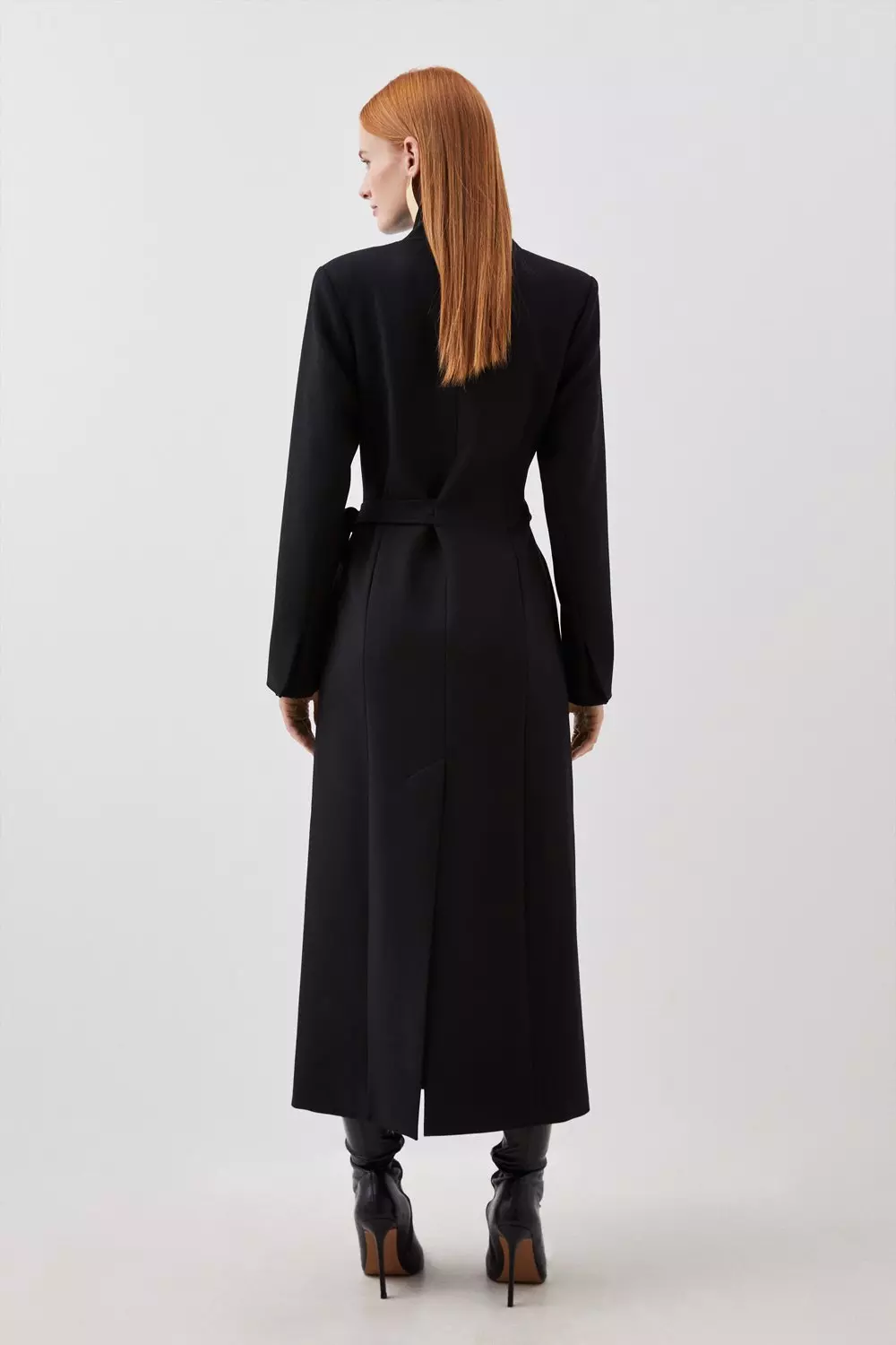 Compact Stretch Asymmetric Side Belted Maxi Coat