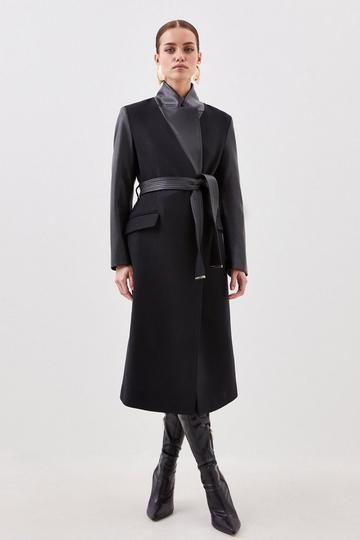 Black Petite Italian Manteco Wool Pu Contrast Detail Belted Coat