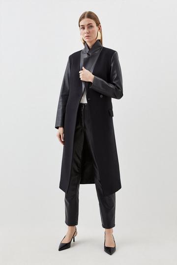Black Italian Wool Pu Contrast Detail Belted Coat