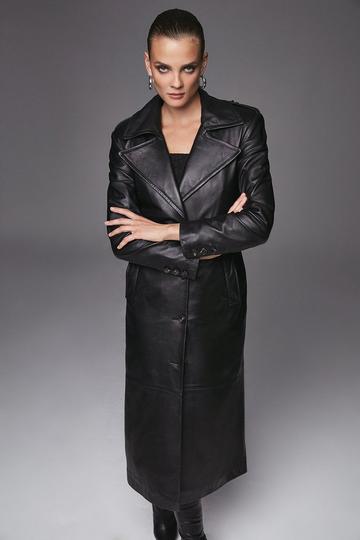 Leather Structured Collared Belted Coat black