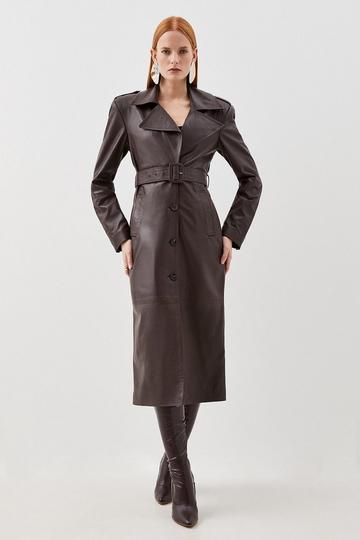Leather Structured Collared Belted Coat chocolate