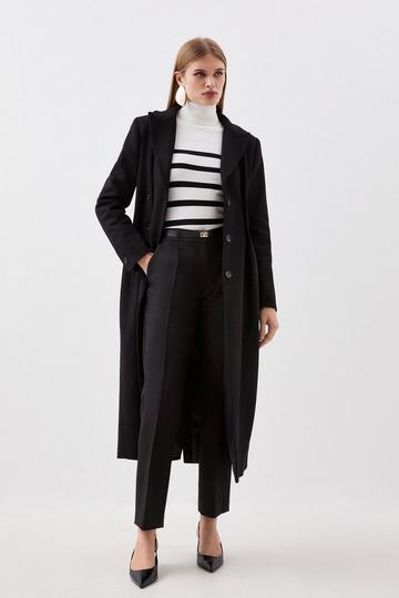 Tall Italian Wool Button Waist Detail Tailored Coat black