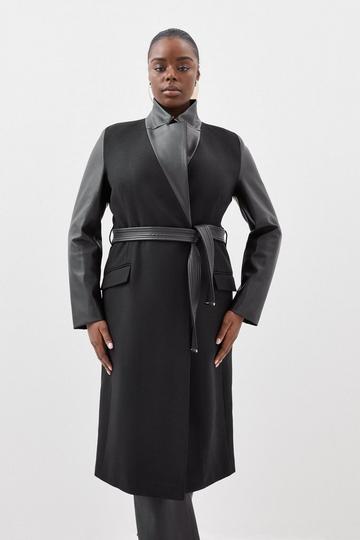 Black Plus Size Italian Manteco Wool Pu Contrast Detail Belted Coat