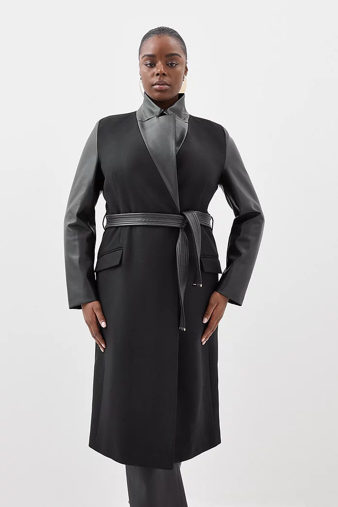 Plus Size Italian Manteco Wool Pu Contrast Detail Belted Coat