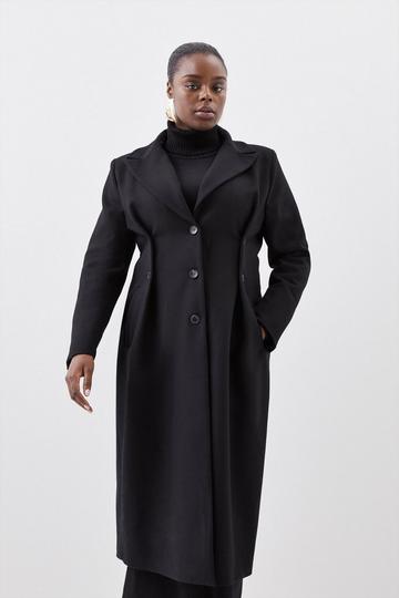 Black Plus Size Italian Manteco Wool Button Waist Detail Tailored Coat