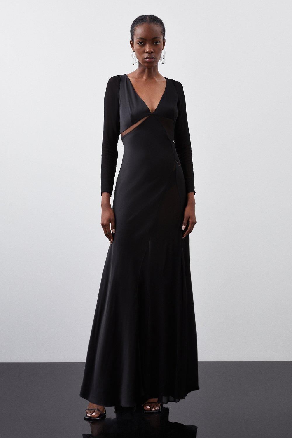 Ooto Sheer Panelled Long Sleeve Woven Maxi Dress - Black