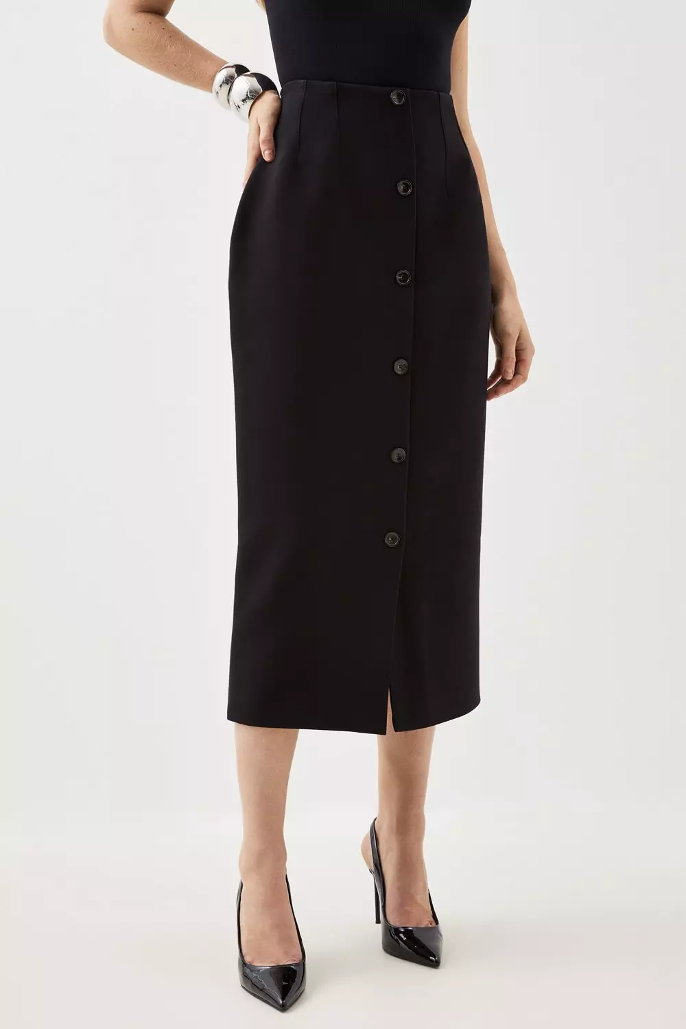 Tailored Compact Essential Button Through Midi Pencil Skirt Karen Millen