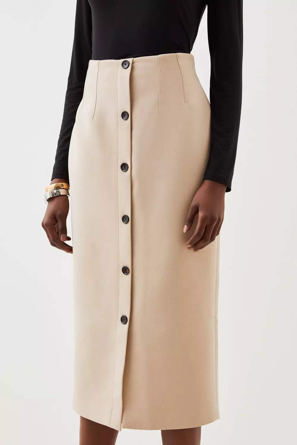Tailored Compact Essential Button Through Midi Pencil Skirt
