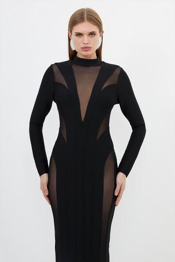Figure Form Bandage Mesh Detail Knit Maxi Dress black