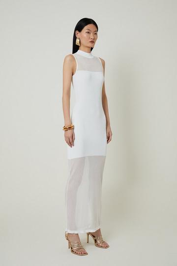 Cream White Viscose Sheer Knit Column Midaxi Dress