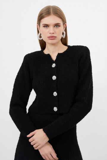 Boucle Knit Embellished Button Up Jacket black