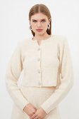 Cream Boucle Knit Embellished Button Up Jacket