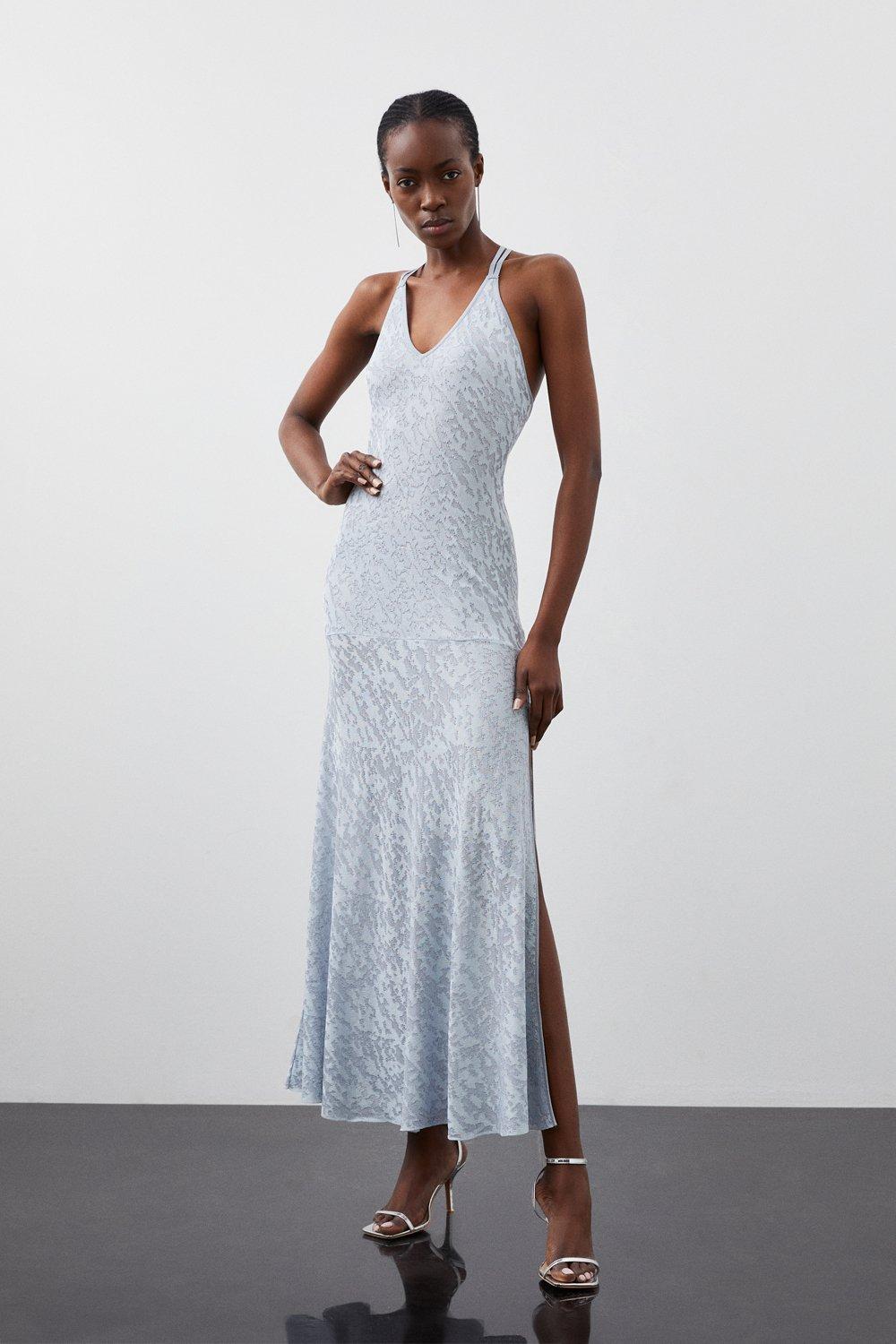 Slinky Viscose Jacquard Knit Strappy Maxi Dress - Ice Blue