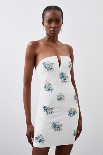 White Petite Figure Form Bandage Embellished Bandeau Knit Mini Dress