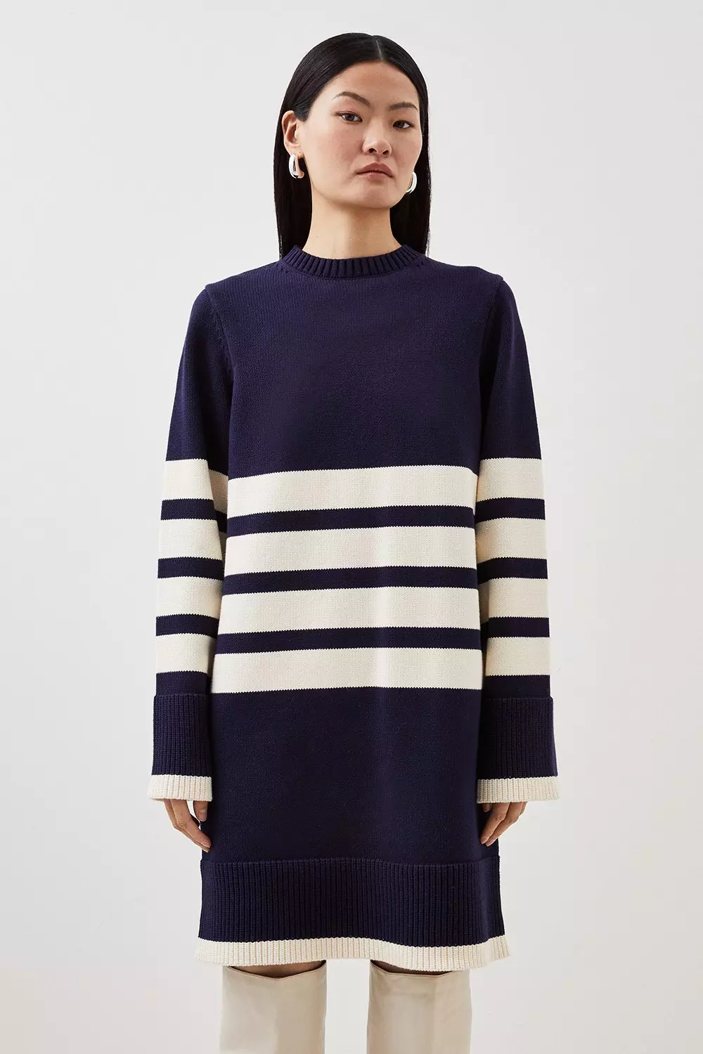 Cotton Blend Stripe Crew Neck Knit Mini Dress | Karen Millen