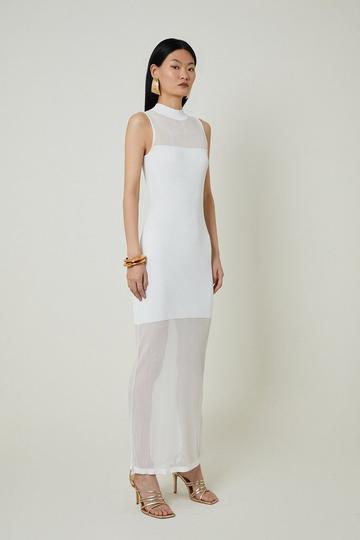 Cream White Petite Viscose Blend Sheer Knit Column Midaxi Dress
