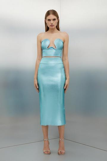 Blue Figure Form Bandage Foiled Knit Midi Skirt